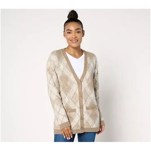 Isaac Mizrahi Live! Estate Plaid Button Front Cardigan Neutral Size 1X A667915 - Picture 1 of 1
